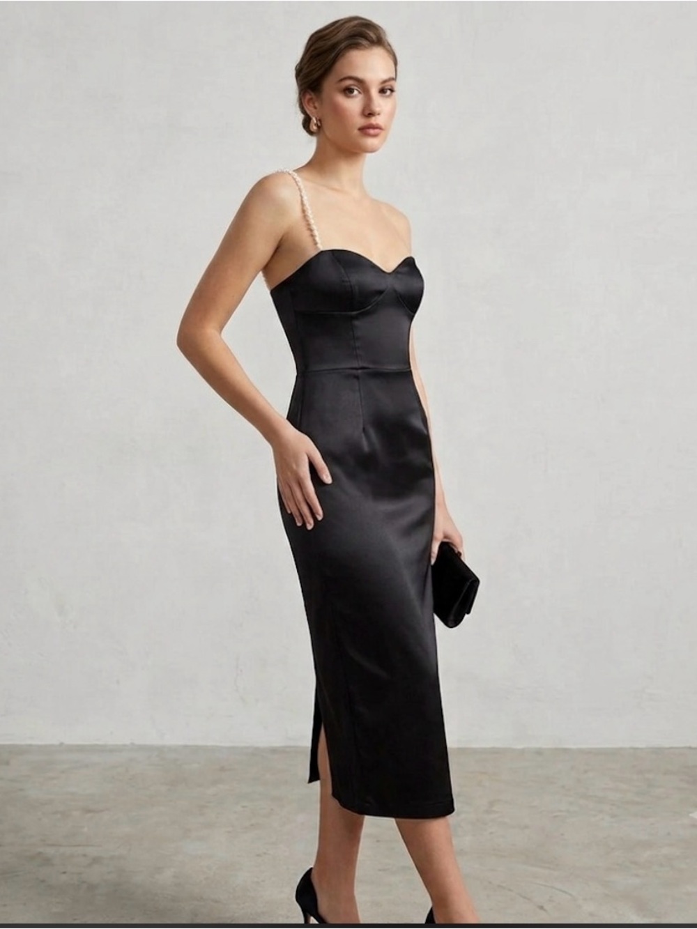 NWT Zara Black Satin One Strap Dress Size XS. Pearl strap with white heart beads